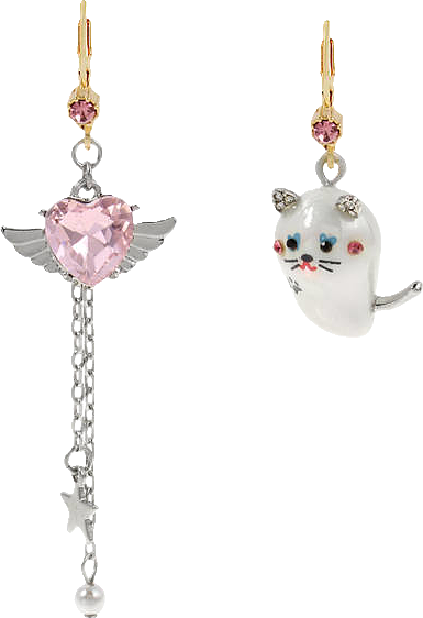 Betsey Johnson Pearl Critters Cat Winged Heart Mismatch Earrings - Main Image