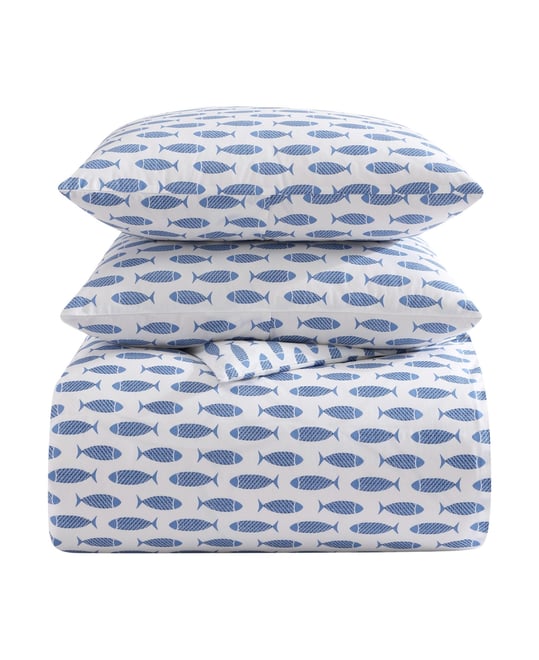 Woodblock Fish Percale 3-Pc. Duvet Cover Set, King