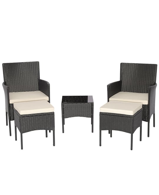 5 Piece Patio Rattan Conversation Set Outdoor Wicker Sofa Set with 2 Ottomans
