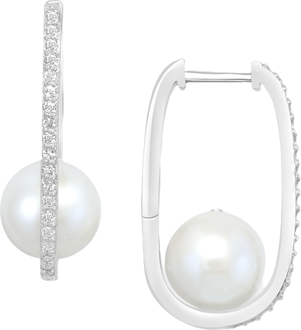 Effy Cultured Freshwater Pearl (8mm) & White Topaz (1/5 ct. t.w.) Oval Small Hoop Earrings in Sterling Silver