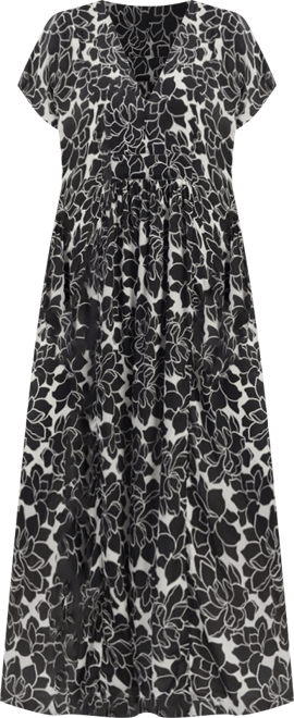 Women's Deep V-neck Maxi Dress with Front Gathers in Black Florals