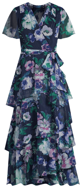 ignite evenings women's floral chiffon tiered midi dress reviews Ignite Evenings Midi Dress Tiered Dark Floral Sheer Metallic Crinkle Women  Sz 10