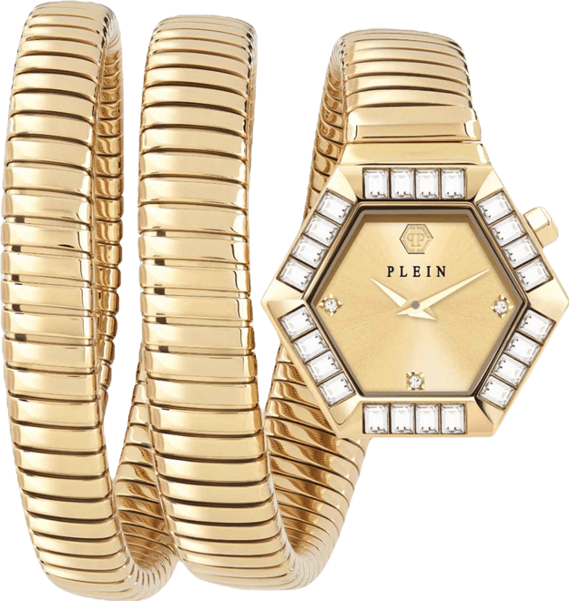 Women's Snake Hexagon Gold Ion Plated Wrap Bracelet Watch 28mm