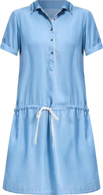 Women's Drawstring Denim Shirt Dress with Front Buttons in Blue