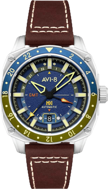 Men's Hawker Hunter Atlas Gmt Automatic Brown Leather Strap Watch, 44mm