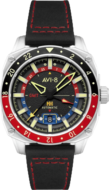 Men's Hawker Hunter Atlas Gmt Automatic Black Leather Strap Watch, 44mm