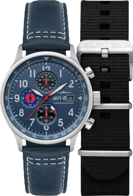 Men's Hawker Hurricane Classic Chronograph Blue Leather Strap Watch, 43.5mm