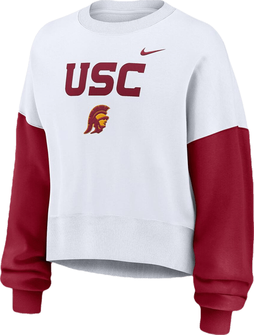 Women's White Usc Trojans Color-Block Oversized Cropped Pullover Sweatshirt