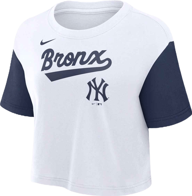 Women's White/Navy New York Yankees Script Cropped Performance T-Shirt