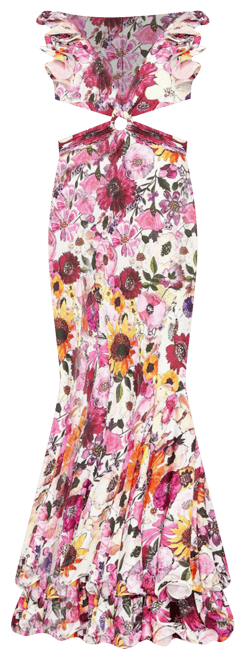 Women's Floral Print Ruffle Shoulder Cut Out Gown