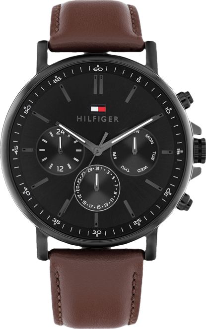 Men's Multifunction Dark Brown Leather Strap Watch, 44mm