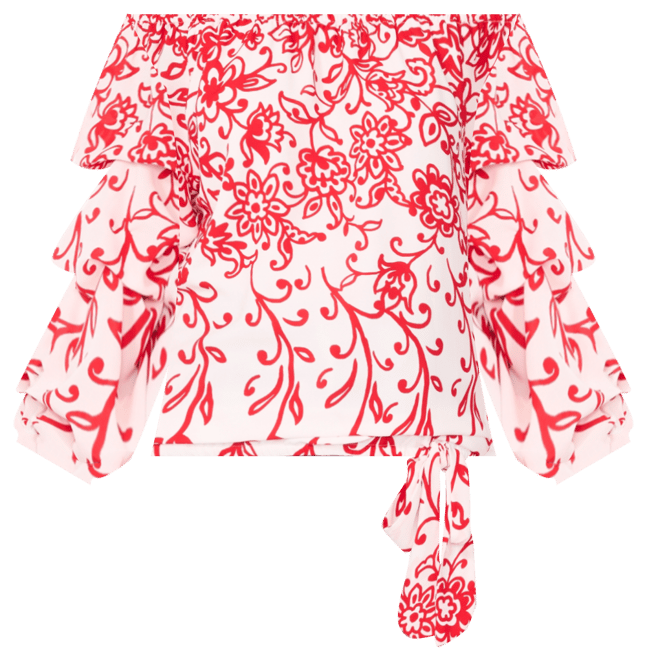 Women's Floral Off The Shoulder Bubble Sleeve Tie Front Blouse