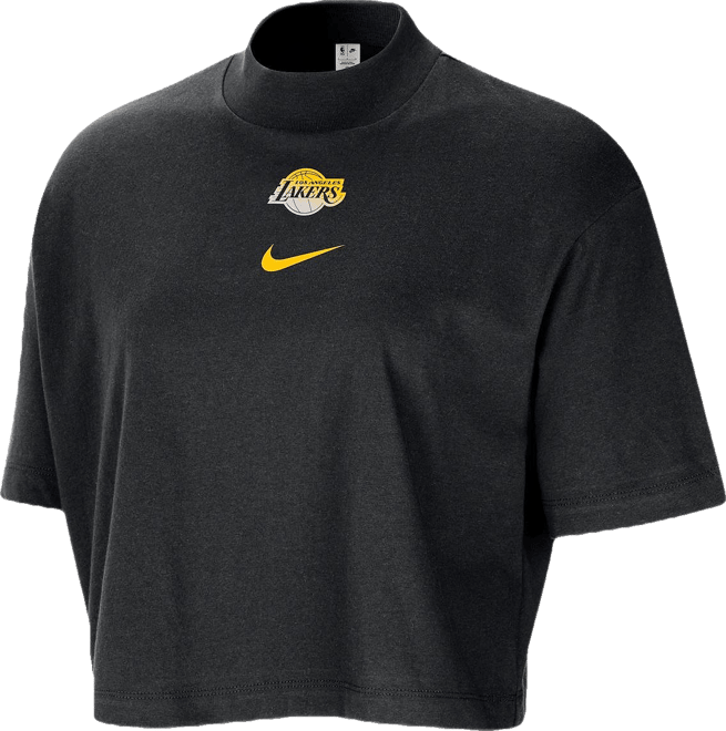 Women's Black Los Angeles Lakers Courtside Mock Neck Loose Fit Cropped T-Shirt