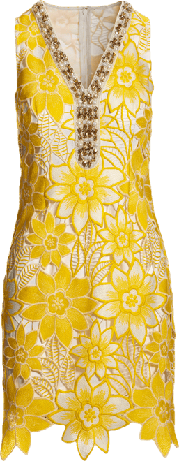 Embellished Neckline Two Tone Lace Shift Dress Yellow Multi