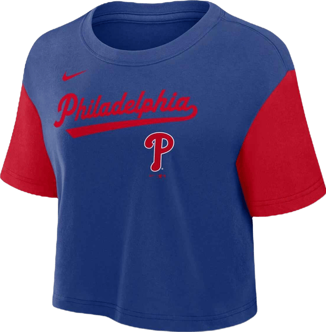 Women's Royal/Red Philadelphia Phillies Script Cropped Performance T-Shirt