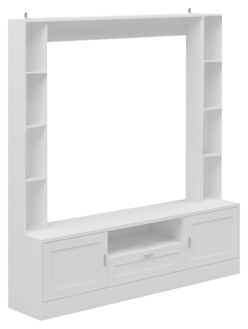 Tv stand with two doors and one drawer, media console with six fixed shelves, entertainment center in white wood