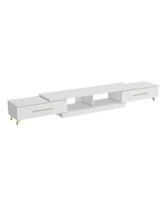 Tv stand with two drawers, retractable media console, white wooden entertainment center
