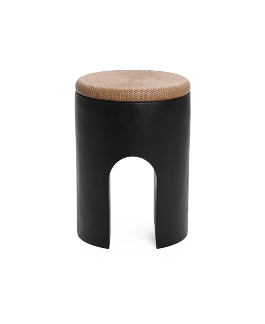 Black with Natural Rattan Finish Cement U-Shaped Base Outdoor Patio Side Table