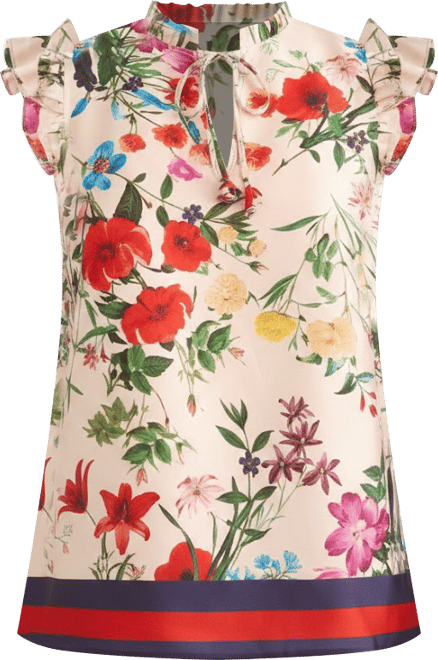 Women's Satin Floral-Print Ruffled Sleeve Top
