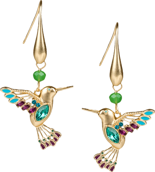 Gold-Tone Stone & Bead Hummingbird Drop Earrings