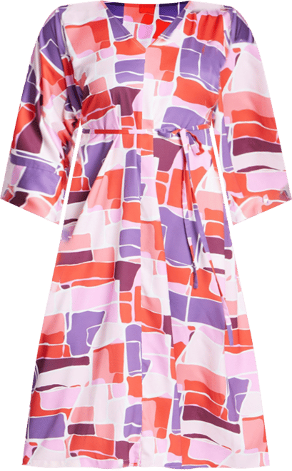 Women's Plus Size Printed Kimono Dress With Tie
