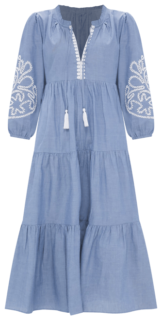 Embroidered Chambray Long Sleeve Salty Paloma Caftan