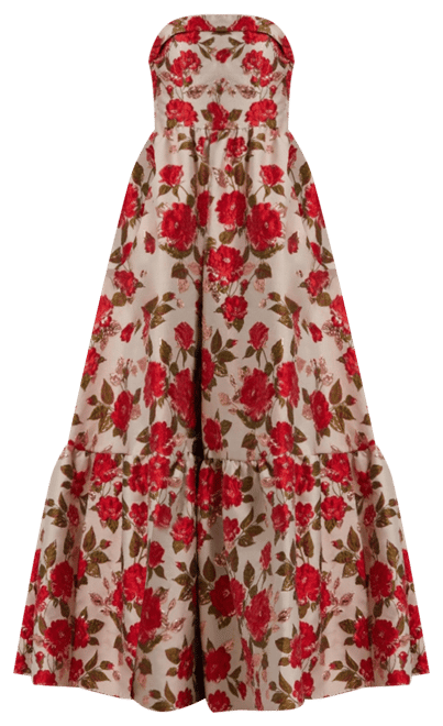 【Mac Duggal】ラージボウディテールフローラルブロケード Mac Duggal Women's Brocade Strapless Golden Floral High Low