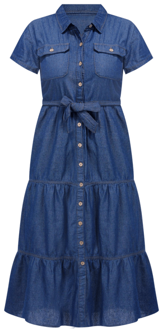Kings Road Womens Short Sleeve Denim Midi Shirt Dress