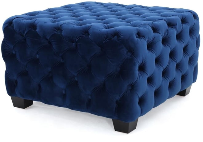 Velvet Upholstered Square Ottoman with Deep Button Tufting and Wood Legs for Living Room or Lounge Seating-
