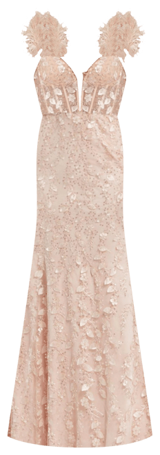 Women's Sheer Applique Bustier Gown with Feather Straps