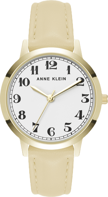 Women's Quartz Casual Cream Polyurethane Leather and Gold-Tone Metal Alloy Boyfriend Watch, 34mm