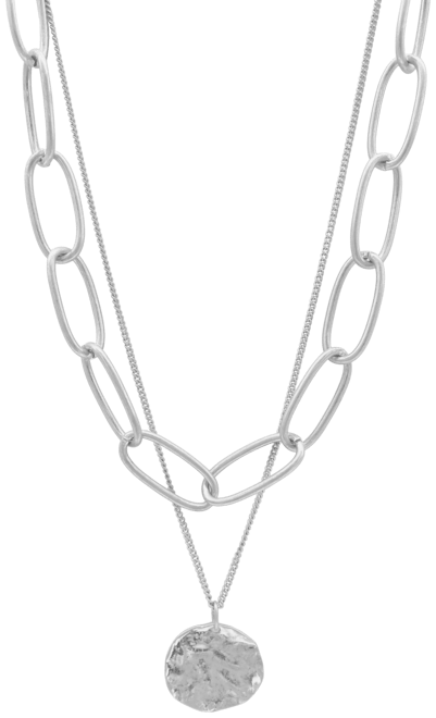 Silver Oval Link Chain and Coin Pendant Layered Necklace