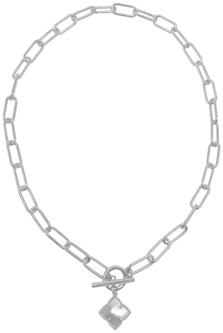 Silver White Mother of Pearl Flower Paper Clip Chain Toggle Necklace