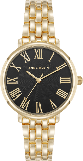 Women's Quartz Round Roman Numeral Gold-Tone Metal Alloy and Black Dial Watch, 32mm