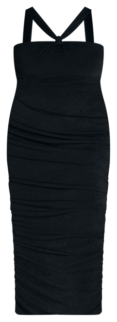 Plus Size Halter Cross Neck Ruched Bodycon Mid Dress