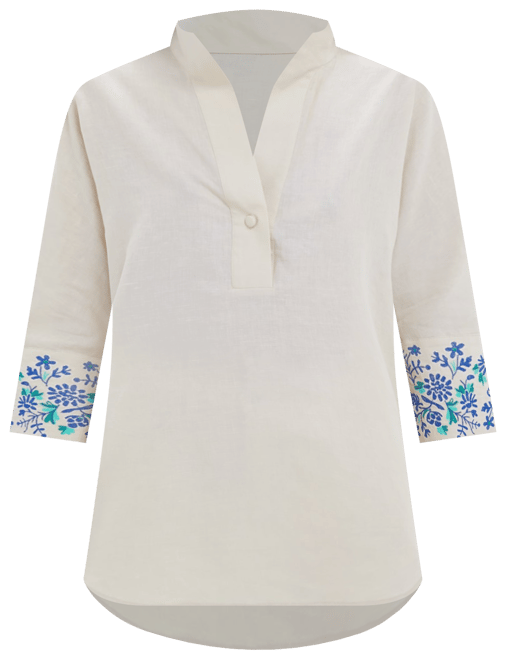 Tan Floral Cuff Cotton Linen Willow Blouse
