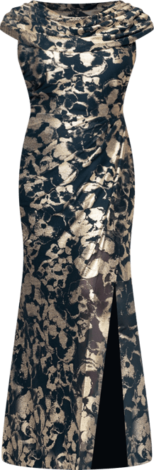 Plus Size Metallic Print Cowlneck Gown