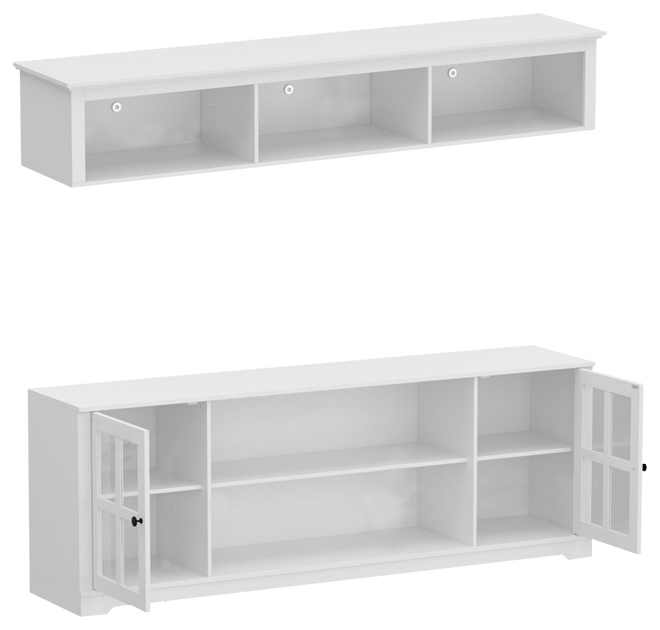 White Tv stand with top cabinets, entertainment center with tempered glass doors, wooden media console