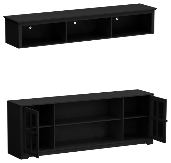 White Tv stand with top cabinets, entertainment center with tempered glass doors, wooden media console