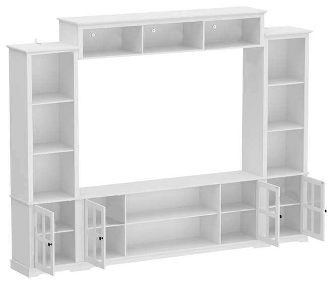 Grey Tv stand with top, left and right cabinets, multi-purpose media wooden console, entertainment center with tempered glass