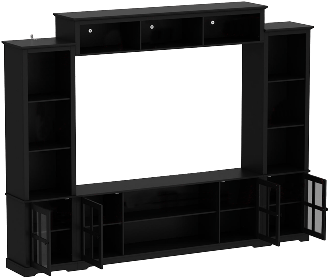 Grey Tv stand with top, left and right cabinets, multi-purpose media wooden console, entertainment center with tempered glass