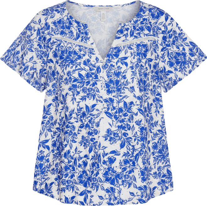 Women's Floral Printed Eyelet Short Sleeve Knit Top