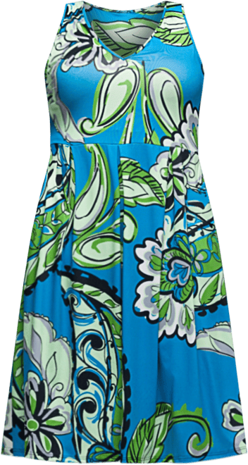 Plus Size Midi Length Print Sleeveless Pleated Pocket Dress