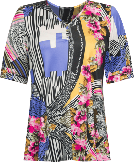 Plus Size Print Elbow Sleeve V-Neck Henley Tunic Top