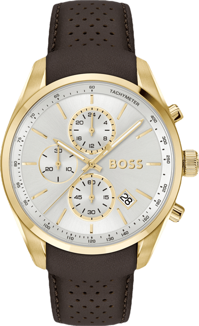 BOSS クロノグラフ腕時計 ゴールド/ブラウン Hugo Boss Men's Grand Prix 44 Quartz Chronograph Brown Leather