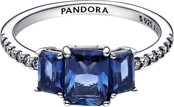 Blue Rectangular Three Stone Sparkling Ring