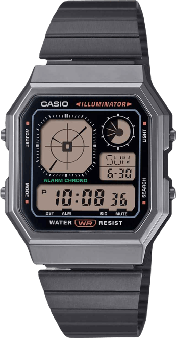 Men's Vintage Digital Gunmetal-Tone Stainless Steel Bracelet Watch 34mm