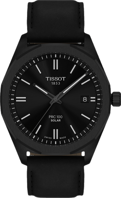 Men's Swiss Prc 100 Solar Quartz Black Leather Strap Watch 39mm