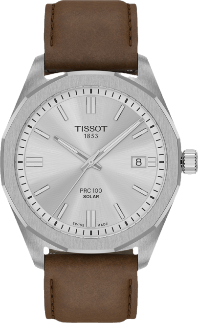 Men's Swiss Prc 100 Solar Quartz Brown Leather Strap Watch 39mm