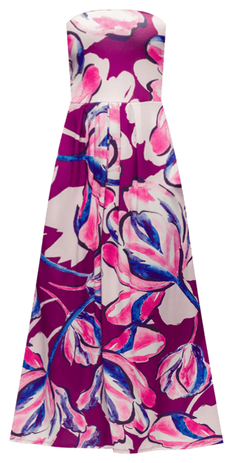 Women's Purple Floral A Line Strapless Maxi Dress with Pockets